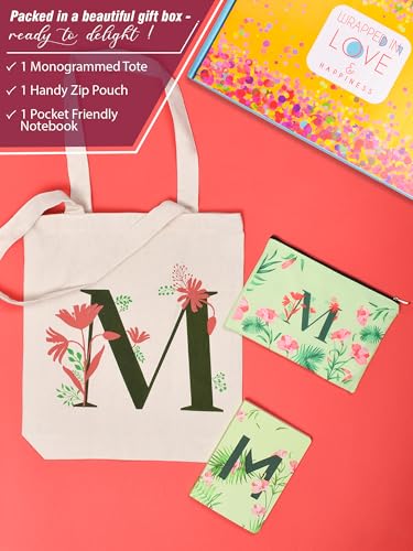 Image of DOODLE Monogram M Diary Gift Set - B6 Soft Bound Ruled Notebook with Tote Bag & Zipper Pouch - Premium Stationery Gift Set for Women & Girls | Perfect Personalised Gift Set for Women's Day