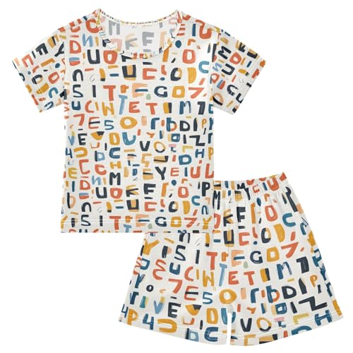 ALAZA Color Alphabet Pajamas Set Short Sleeve Cotton Sleepwear Summer Pjs 2 Piece 5-14Y