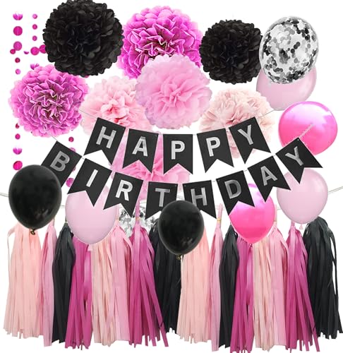Hot Pink Birthday Decorations for Girls Women - Happy Birthday Banner with Party Balloons and Tassel Circle Garland Paper Flowers Supplies (Black Pink)