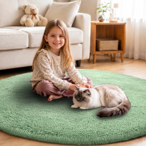 Image of FVVRAX Fluffy Round Rugs for Bedroom Living Room Light Green Circle Carpet