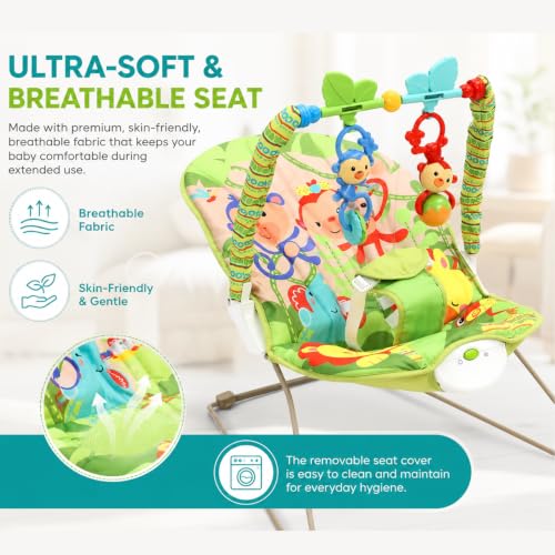 Image of Safe-O-Kid Sonora Baby Bouncer with 1 Year Warranty, Multi-Position Reclining with Vibrations, Safety Harness and Toy Bar- Green