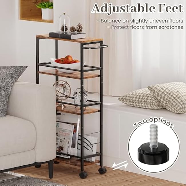 Narrow Storage Cart with Wheels, 4-Tier Narrow Kitchen Carts Slim Rolling Cart, Skinny Storage Cart, Snack Cart Slim Laundry Carts with Handle for Livingroom, Diningroom, Office£¨Rustic Brown, Black£©-p44Wi3hr