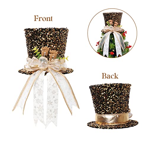 Gmoegeft Christmas Tree Topper Golden Shiny Sequins With Ribbon Derby Hat For Xmas Tree Decorations Holiday Home Décor #TOP3