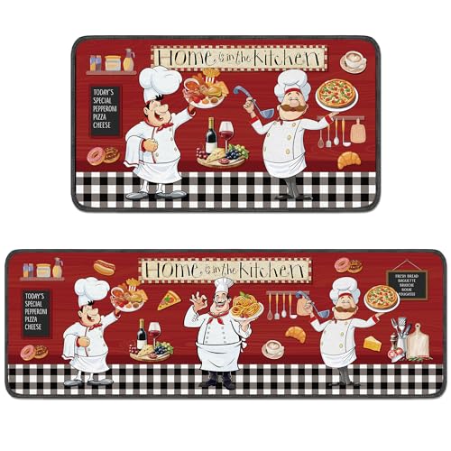 Romart Chef Kitchen Rugs Set 2 Pcs Italian Pizza Bread Restaurant Theme Runner Rugs for Kitchen Home Decor Non Slip Floor Mats Cooking Style Housewarming Gifts (1628 & 1647)