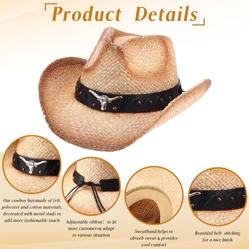 Image of JaGely 6 Pcs Men's Women's Straw Cowboy Hat Adjustable Western Cowgirl Classic Retro Woven Cowboy Hat with Wide Brim