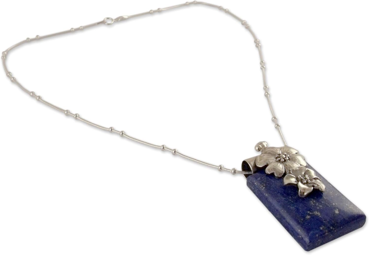 NOVICA Artisan Handmade Lapis Lazuli Flower Necklace Sterling Silver Women's Jewelry Blue Pendant India Floral Birthstone [15.75 in L Pendant(s) 1.6 in L x 0.9 in W x 0.3 in D] ' Blue Lily'