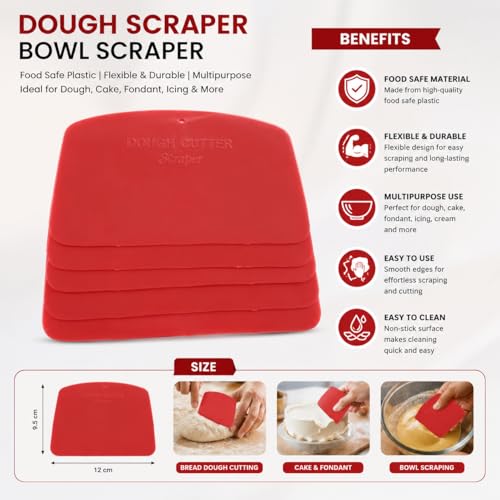 Image of Dough Scraper Bowl Scraper,Food Safe Plastic Stainless Steel Dough Cutter | Flexible Plastic Scraper Multipurpose Food Scrappers for Bread Dough Cutting,Cake Fondant Icing (Pack of 5)