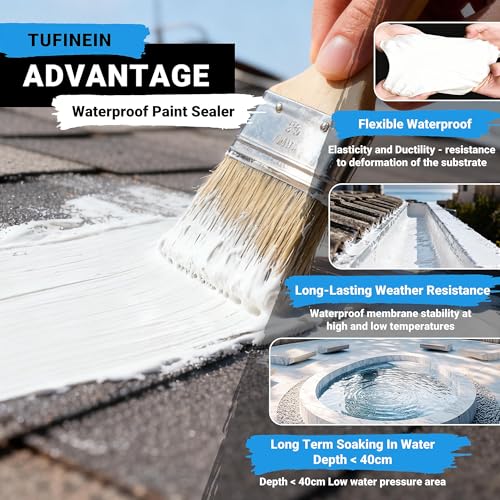 Image of Rubber Liquid Waterproof Sealant, TUFINEIN 53oz /1.5kg White Quick Drying Multi Surface Foundation Leak Repair - Roof Gutters Basement Sealer Waterproof - Indoor & Outdoor Flexible Rubber Paint