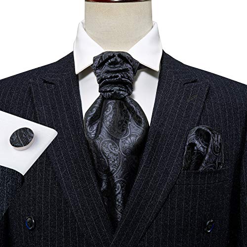 Image of Barry.Wang Ascot Ties Cravat Tie Men Paisley Plaid Scarf Self Tie Pocket Square Cufflinks Set Wedding Party