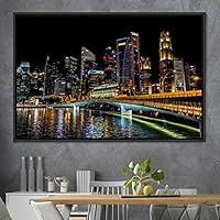 Framed Canvas Wall Art City Illuminations Aerial Cityscape Contemporary Multicolor Photography Places Realism - 16x24 inches