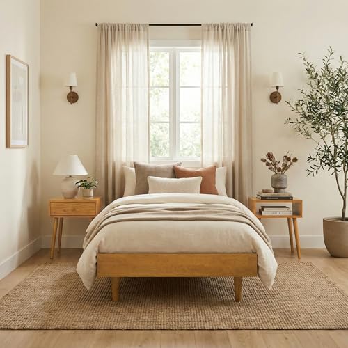 NTC Fly Wooden Bed Frame Without Headboard, Solid Wood Foundation with Silent Slats and Wood Central Supports, 350 Lb Capacity, Effortless Assembly, Twin - Rustic Oak