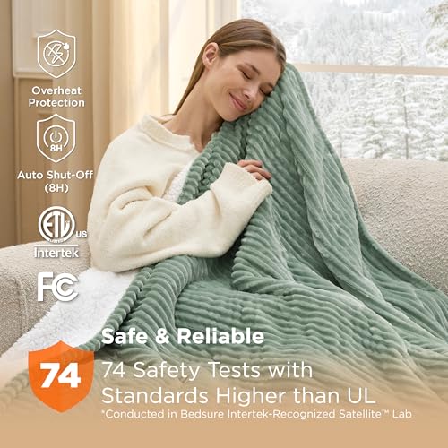 Image of Bedsure GentleSoft Electric Blanket Full Size - Soft Ribbed Flannel Heated Blanket Full, Fast Heating with 6 Time Settings (Up to 10H), 6 Heat Settings, Warm Gifts for Grandma (72x84 inches, Green)