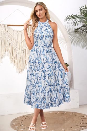 STYLEWORD Women's 2025 Summer Maxi Dress Ladies Floral Halter Neck Sleeveless Beach Long Sundress with Pockets - Image 3
