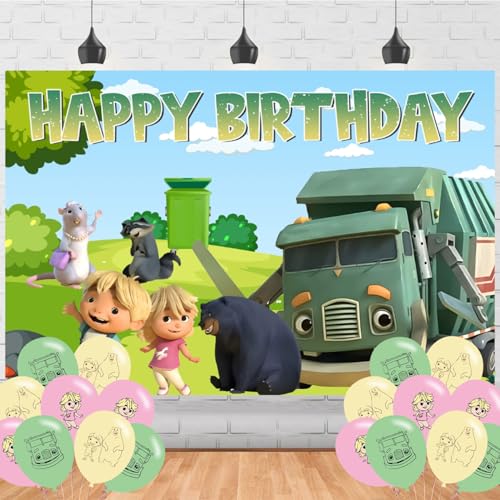 Ezcpigei Trash Truck Birthday Banner - 5x3ft Green 18pcs Balloons Indoor Wall Mount Rectangular Standard Banner Waste Management Facility/Garbage Dump Theme Children Birthday Occasion