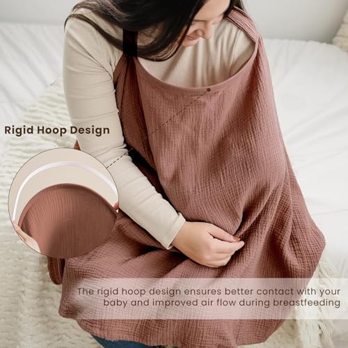 Image of Konssy Muslin Nursing Cover for Baby Breastfeeding, Breathable 100% Cotton Breastfeeding Cover with Rigid Hoop for Mother Nursing Apron, Multi-use Carseat Canopy (Chestnut)