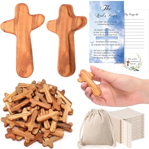 Wenqik 100 Sets Small Olive Wood Hand Crosses 2.5 Inch Pocket Holding Hand Crosses Bulk with Cotton Linen Bags and Prayer Cards Relieve Anxiety Comfort for Prayer Christian Gift Church