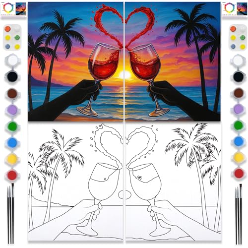 PAILIM 2 Pack Sip and Paint Kit for Adults Couples Painting Kit Pre Drawn Canvas to Paint at Home Date Night Party Favor Supplies Art Painting Set Seaside Clink Glasses Couples Activity 8x10