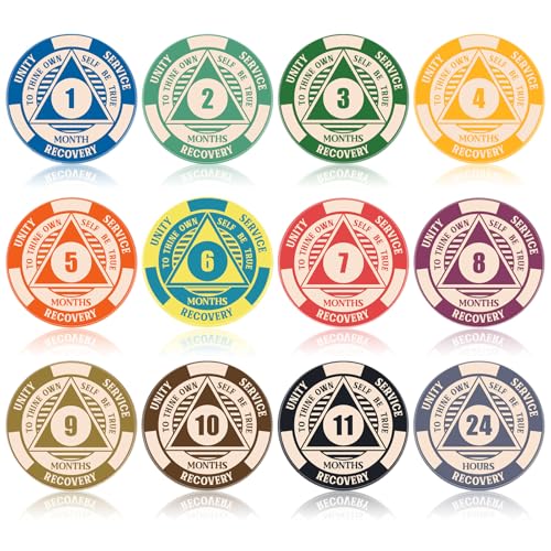 Siifert 12 Pcs Aa Chips and Medallions Sobriety Recovery Monthly Chips 24hr Newcomer 1-11 Months Aa Tokens Medallion (Classic)