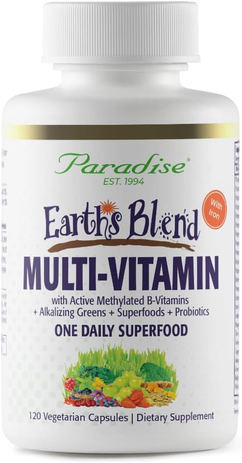 Earth's Blend Once Daily Multivitamin with Iron, 48 Organic Superfoods, Probiotics, Antioxidants, Vitamins A, B12, C, D, K2, 120 Capsules
