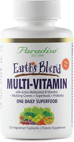 Paradise Herbs Earth's Blend Multivitamínico Once Daily con hierro, 48 superalimentos orgánicos, probióticos, antioxidantes, vitaminas A, B12, C, D,