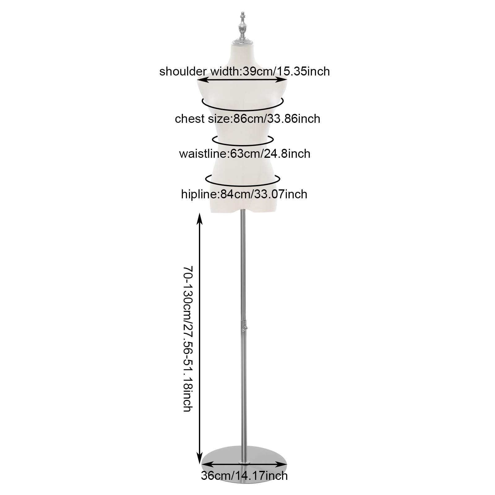 Damen Kleiderform Kleiderpupp Schaufensterpuppe Freistehend Verstellbare Büste Mannequin Ständer Kleid Display Hochzeitskleid Ständer 70-130 cm (Silber, Runden)