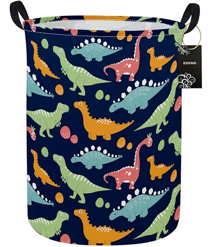 Image of ESSME Dinosaur Laundry Basket Storage Bin large Collapsible Canvas Waterproof Coating Nursery hamper for Toy Bins,Baby hamper,Boys and Girls,Home Organizer.(Navy Blue dinosaur)