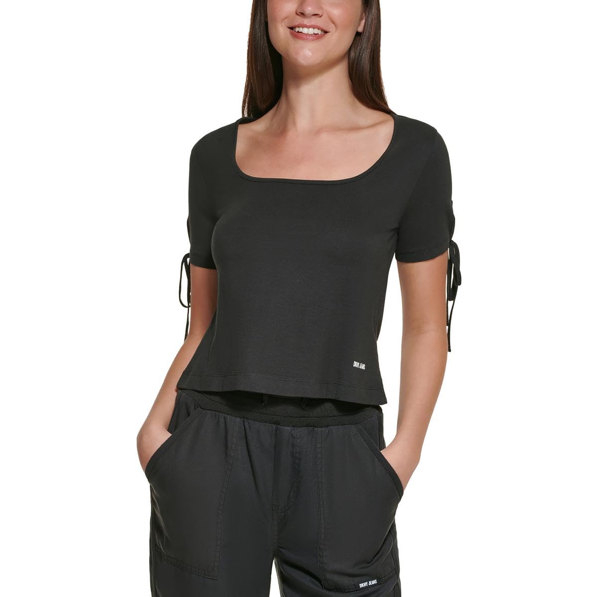 DKNY JeansWomens Cropped Tied-Sleeve T-Shirt