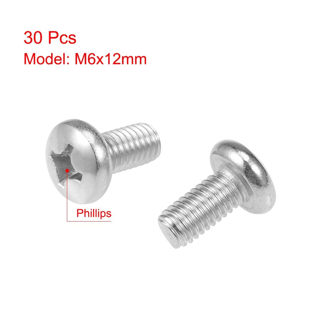TOP-VIGOR 30Pcs Cross Pan Head Machine Screws, M6x12mm Phillips Round Head Screws Bolts for Machinery Furniture, Car - Image 3