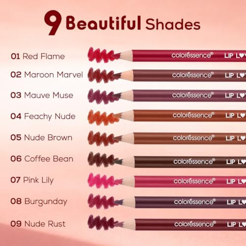 Image of Coloressence Matte Lip Love Liner Pencil Kit, Multicolor, Pack of 9 Shades with FREE Sharpener | Long Lasting | Lightweight | Highly Pigmented | Enriched with Castor Oil & Vitamin E