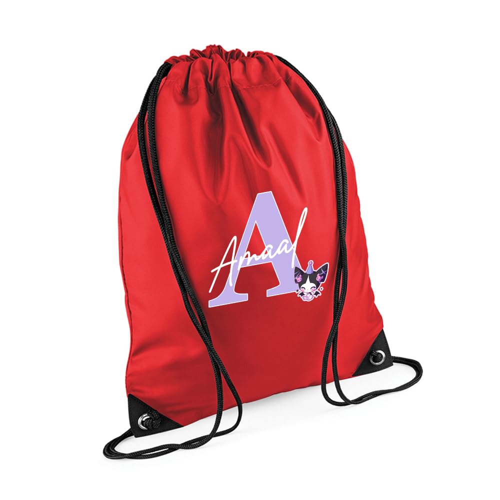 Personalised Initial & Name – Cute Cartoon Character Design – Custom Gift for Kids, Teens & Friends, PE Gym Kit Swimming, Sport Rucksack. (Bright Red)