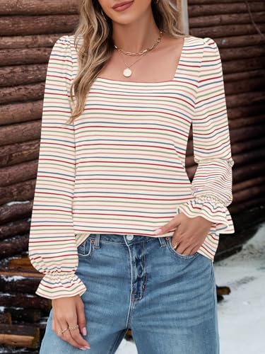 MEROKEETY Women's Fall Square Neck Striped Shirt Puff Long Sleeve Casual Loose Tops 2025 Trendy Blouse3
