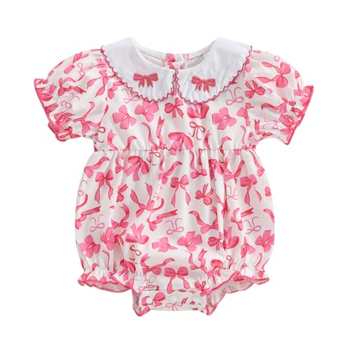 Newborn Baby Girl Summer Clothes Doll Collar Bow Print Sweet Jumpsuit Romper Short Sleeve Onesie Bodysuit Jumpsuit