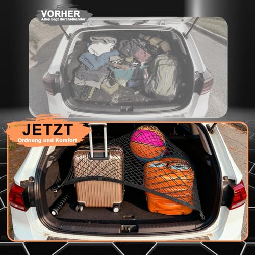Gepäcknetz Elastisches Kofferraumnetz Heckklappennetz 80 x 60 cm Autogepäcknetz mit 4 Haken, 4 Stahlkarabinerhaken und 4 Zugschlaufen Passend für die Meisten Automodelle