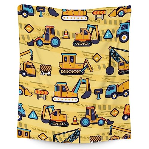 Construction Truck Blanket Gifts - 40x50 Inches Funny Throw Blanket for Boys & Kids - Yellow Soft Fuzzy Excavator Blankets for Bed, Couch & Living Room