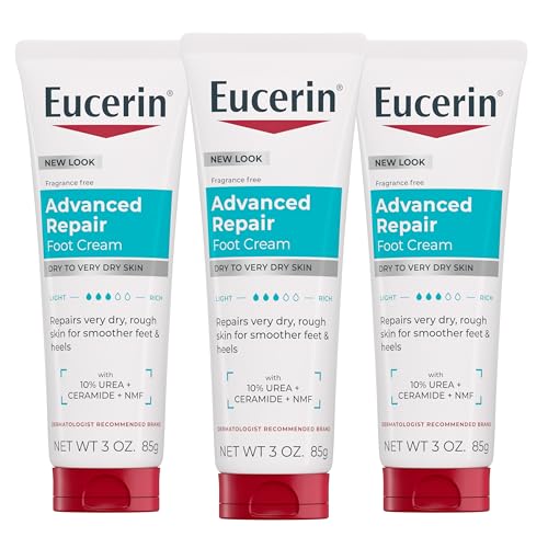 Eucerin Advanced Repair Foot Cream for Dry Feet and Heels, Repairs Very Dry, Rough Skin, Fragrance Free, Non Greasy, Fast Absorbing, Travel Size Lotion, 3 Oz Tube, Pack of 3