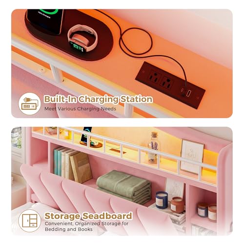 Image of Pink Queen Size LED Bed Frame with Storage Headboard, Upholstered Velvet Wood Princess Bed for Girls with 5 Charging Ports (USB-C & AC), Hidden Compartment, Sturdy Aluminum Frame & 2 Silent Drawers
