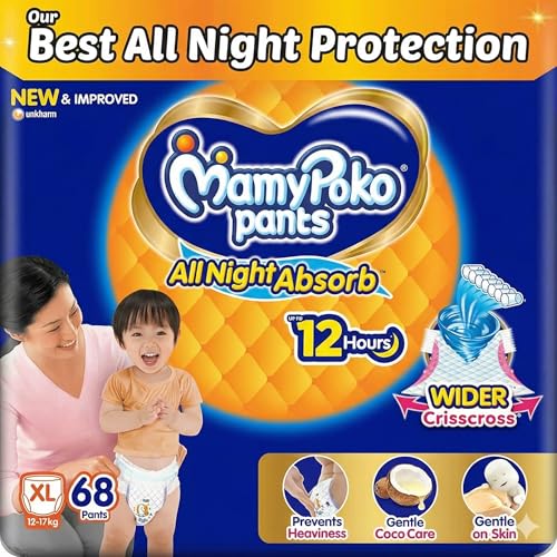 Mamypoko pants All night absorb| Pant Style Baby Diapers X- Large Size(XL), 68 Count, Ideal for 12-17Kgs|1 Diaper= Upto All night Absorption|Wider Crisscross Sheet|Gentle Coco Care| 12hr Leakage Protection| Prevents Heaviness.