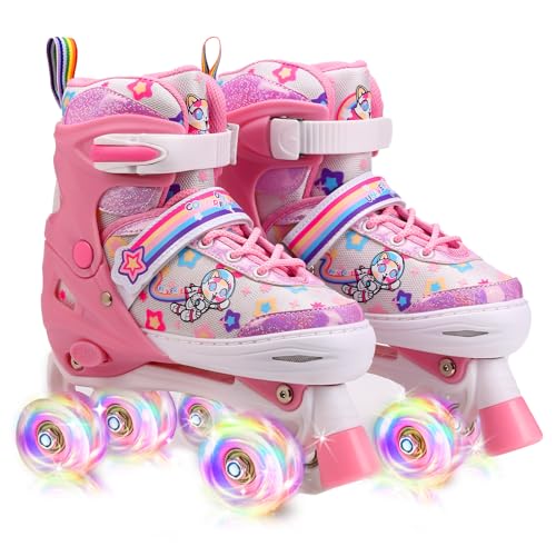 Roller Skates for Girls, Double-Row Light up Wheels Skates, 4 Adjustable Sizes Roller Skate Shoes, Shoes with Wheels for Indoor Outdoor, Roller Shoes for Kids Beginner (Pink, (3.5Y-6Y))