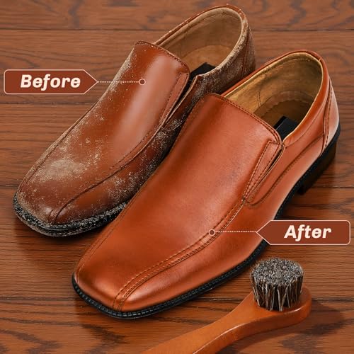 Image of 4 Pcs Horsehair Shine Shoes Brush Kit Polish Dauber Applicators Cleaning Leather Shoes Boots Care Brushes Suede Cleaner Brush with Microfiber Shoe Cloth(Brown Handle A)