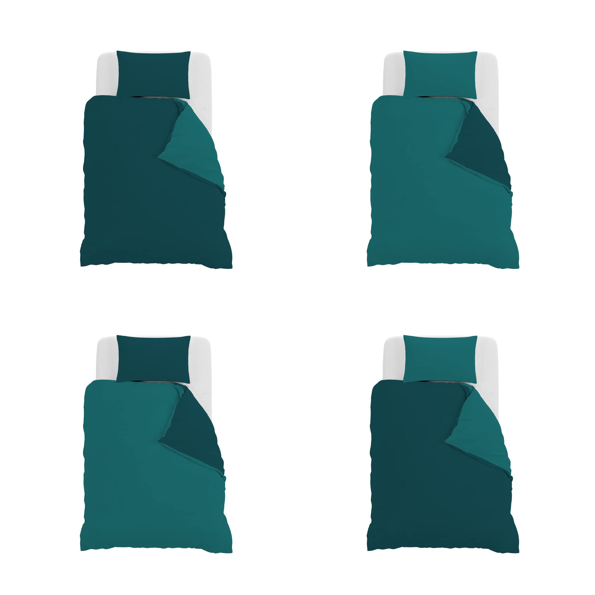 Set Copripiumino 100% Cotone Natural Color, Made in Italy - Parure Copri Piumino - Sacco Piumone 200x200 cm con Doppia Patella e Federa Cuscino, Piazza e Mezza, Verde Petrolio/Verde Bottiglia