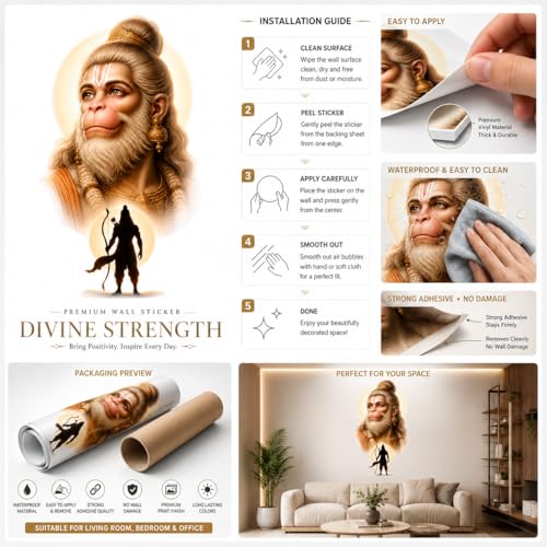 Image of Rangoli Hanuman Wall Sticker Self-Adhesive 14 x 24 Inch Waterproof Wall Decor for Living Room Bedroom Office Divine Energy Hanuman Wall Decal