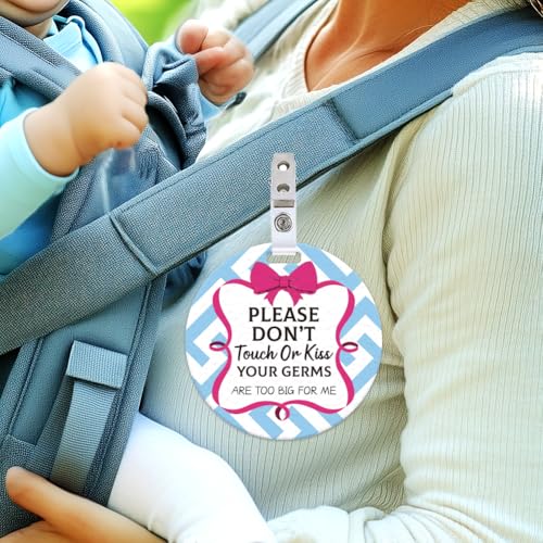 Image of 2 Pack Red Knot Bow No Touching Signs Stop No Touching Safety Sign for Family PVC Seat Signs-Stroller Tag with Hanging Strap and Clip Durable for Car Accessories 5 Inches