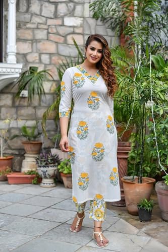 Image of Women Printed Stylish White and Yellow Kurta with Pant and Dupatta Set