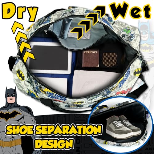 BATMAN Superhero Travel Duffle Bag – Waterproof Sports Gym Bag for Boys Girls Teens, Overnight Weekender with Shoe Compartment and Wet/Dry Pocket, Hero Themed Sleepover Carry-On Tote4