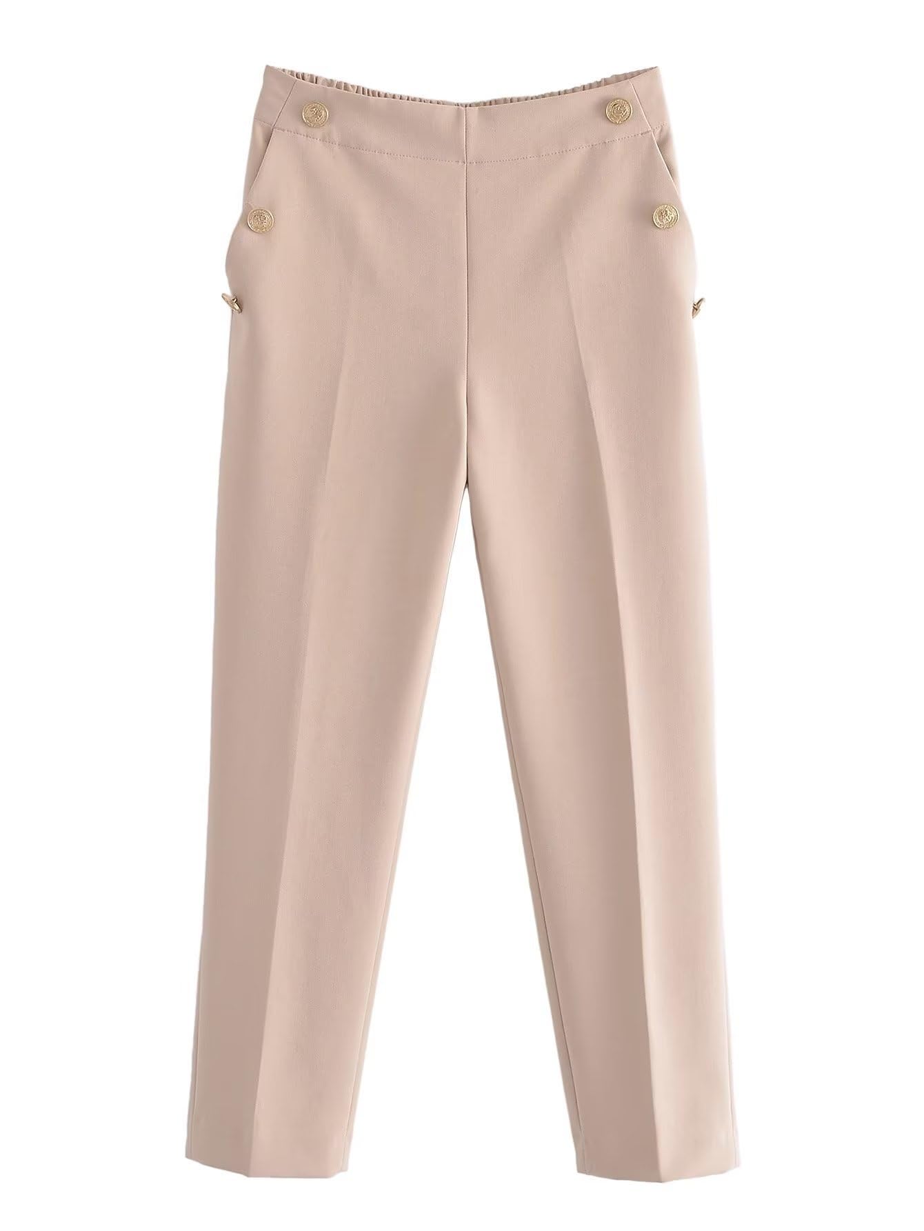 Damen Hosen,Halbelastische Pull Up Hose für Damen,Damen Bürohose,Khaki,Seitentaschen,Knöpfe,Elegante Anzughose mit Bügelfalten,Haremshose,Legere,Tägliche,Formelle,Gerade Hose