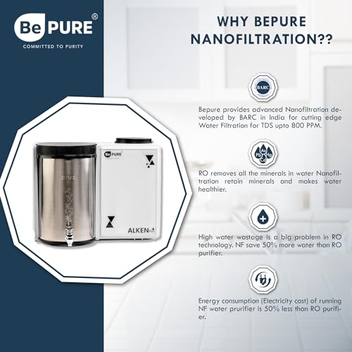 Image of Bepure Alken Pro ISI Mark NF 80 Stainless Steel Tank 9L NF+UV Water Purifier| Nano Filtration Technology| High grade steel tank| Ideal for TDS upto 1200 ppm