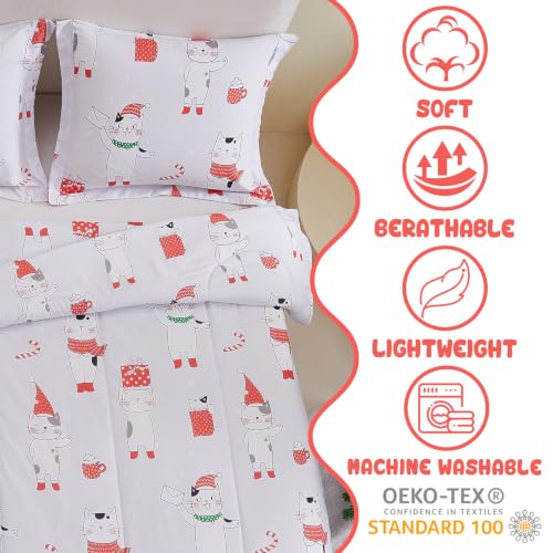 Image of Yibeizi Kids Christmas Bed Comforter Set Full Cute Cat Printed Xmas Bedding