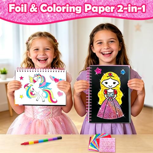 Image of FUNNYB&G Foil Art Craft Kit for Girls 4-10 Years Old: Mess-Free & No-Glue, Create 16 Sparkly Princess Unicorn Pictures - Perfect Travel Toy & Birthday Gift for Kids (Princess)