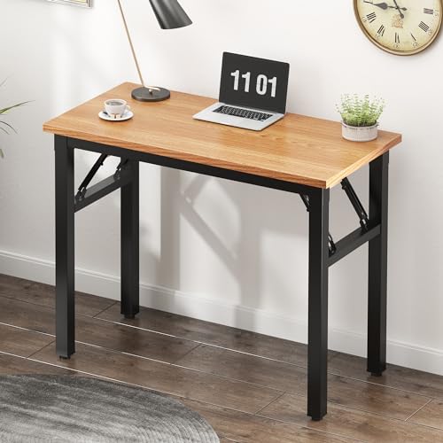 Image of Need 31.5 Inch Folding Desk for Small Spaces, Home Office Computer Desk with Teak Wood Top & Black Frame, Foldable Writing Table for Study, Bedroom, Dorm Room & Student