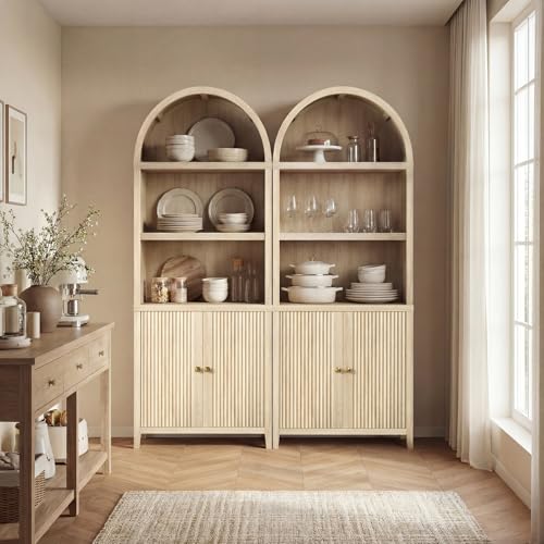Image of ModernMate 76 inch Tall Arched Bookcase, 5 Tier Fluted Cabinet with Doors & Adjustable Shelves, Large Arch Bookshelf with Storage, Modern Open Display Tall Pantry for Living Room, Office, Natural Oak